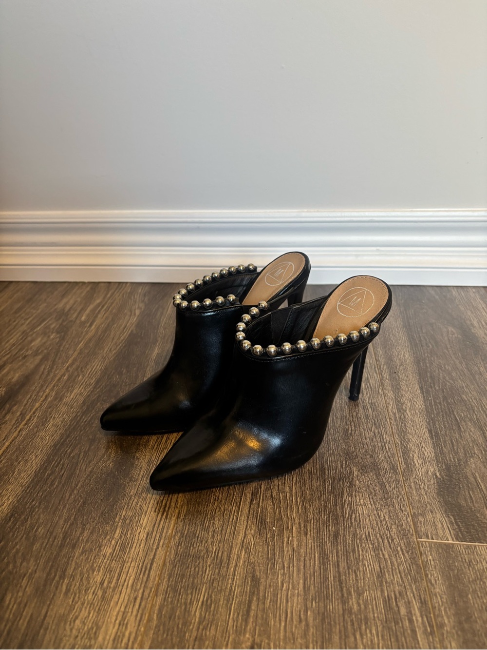 Black Pointed-Toe Silver Pearl Trim High Heel Mules